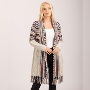 Aztec Adora Long Open Cardigan Fringe Knit‎ Sweater Women’s Size S/M